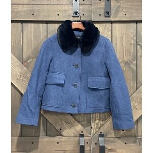Club Monaco Manteaux Blue Faux Fur Collar Cropped Jacket 100% Wool Sz S/P NWT